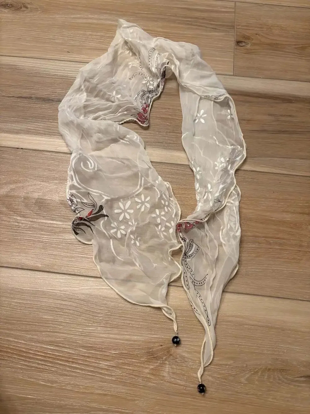 Vintage Sheer Silk Floral Embroidered Scarf with Beaded Ends